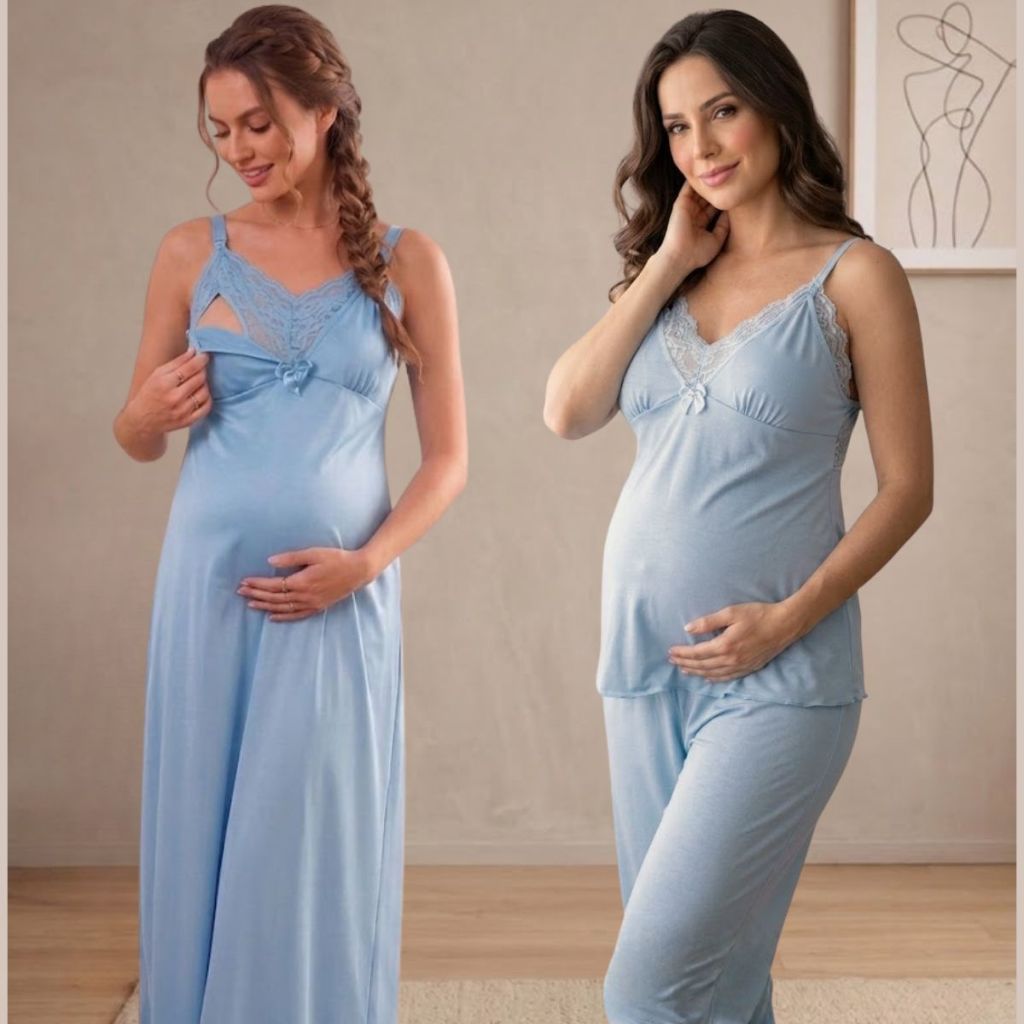 KIT Longo Amamentação Pijama CALÇA DOLL com Blusa em Click Top + Camisola Longa TOP EM RENDA.
