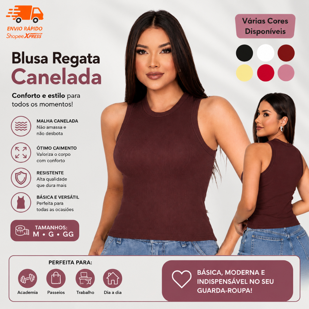 Blusa Feminina Regata Canelada Gola Redonda Ribana Canelada Com Laicra Elastano Confortável Segunda Pele Básica Lisa