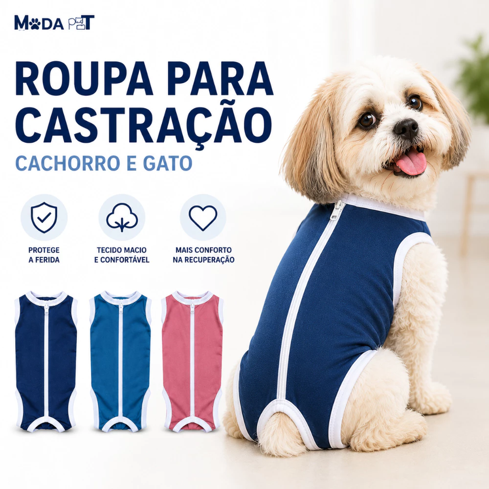 Roupa Pós Cirúrgica Cachorro Gato Roupa Castração Recuperação Zíper Costas