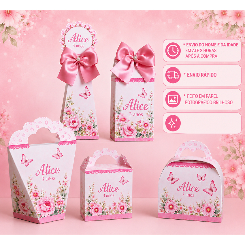 PEGUE E MONTE - Kit Festa Personalizados JARDIM BORBOLETAS ROSA 01 Lembrancinhas Caixinhas aniversario