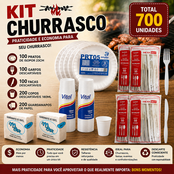 Kit Churrasco Completo 700 Unidades – 100 Pratos + 100 Garfos + 100 Facas + 200 Copos + 200 Guardanapos