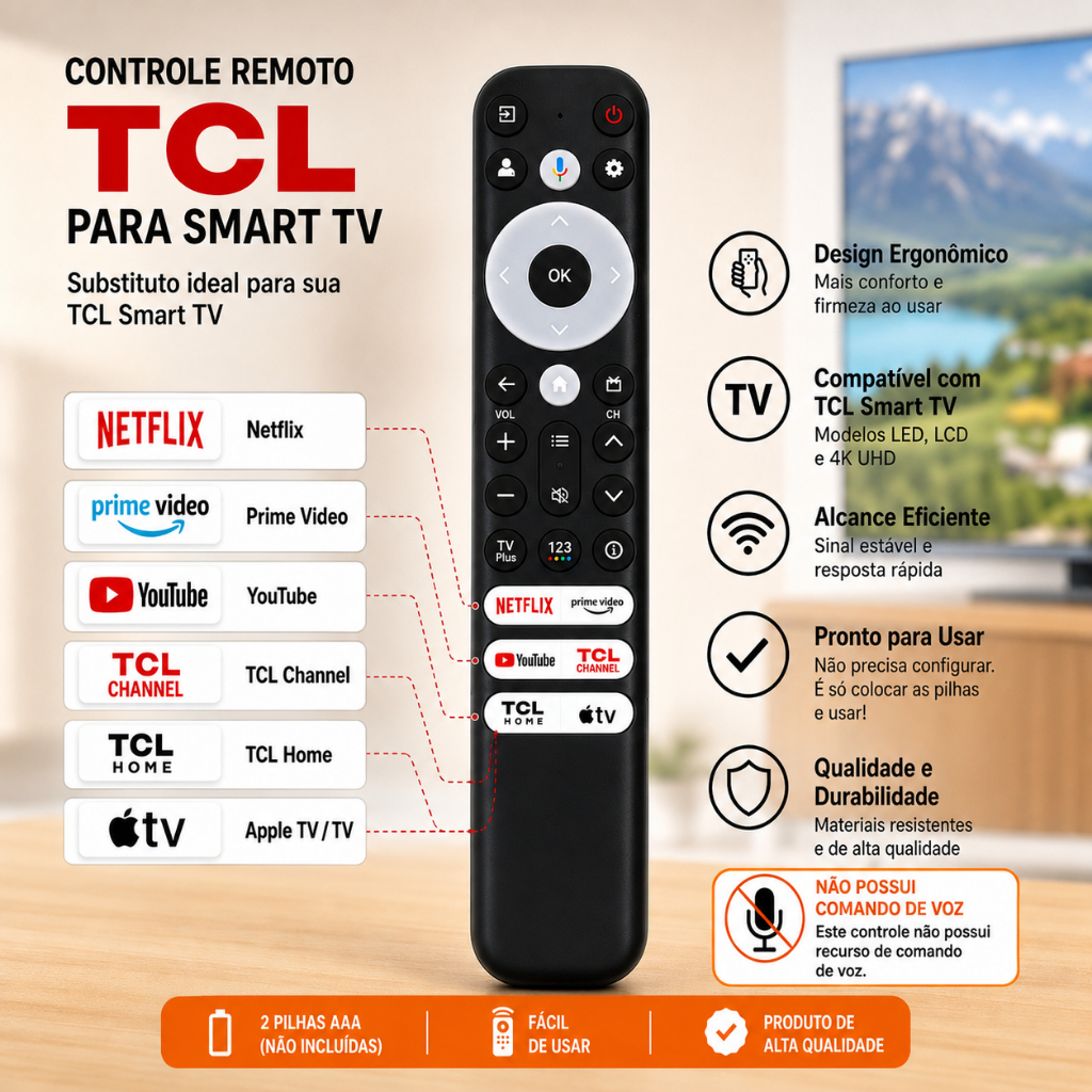 Controle Remoto Compatível TCL Smart TV LED LCD 4K Netflix Prime Video YouTube A