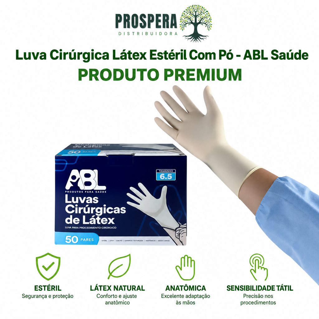 Luva Cirúrgica De Látex Estéril Com Pó 6,5 7,0 7,5 8,0 - Kit C/ 10 ou 50 pares - ABL Saúde Premium