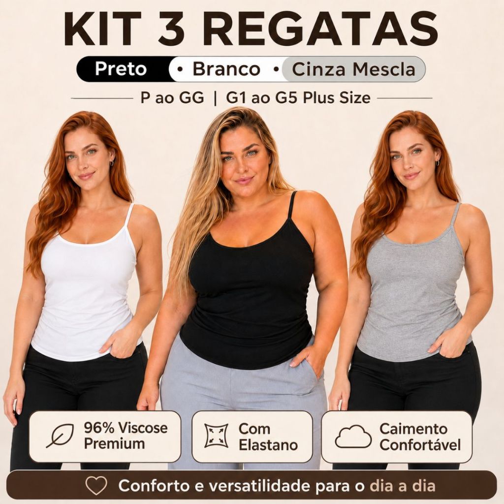 Kit 3 Regatas Femininas de Alcinha em Viscose com Elastano P ao GG
