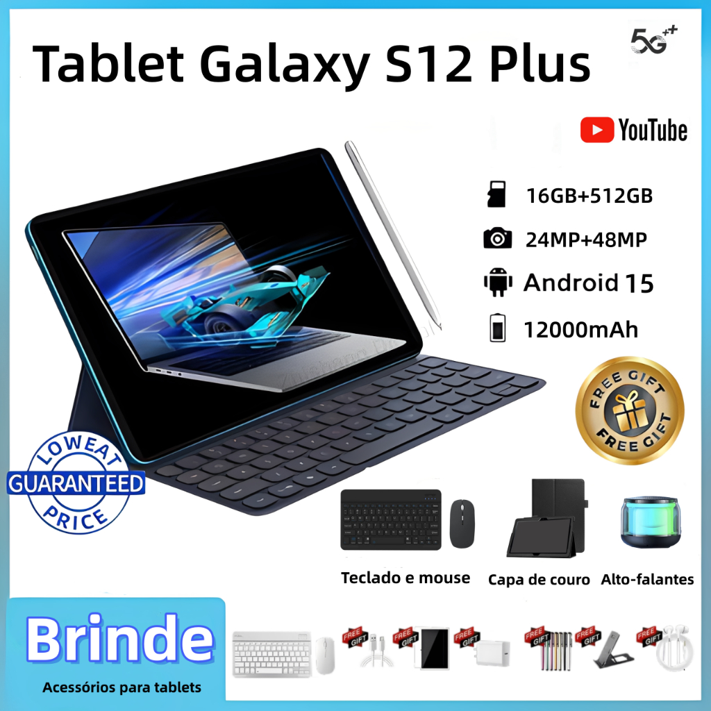 【Teclado e mouse gratuitos】Tablet Galaxy S12 Pro de 12.8polegadas 16 GB + 512 GB 12000 mAh Tablet …
