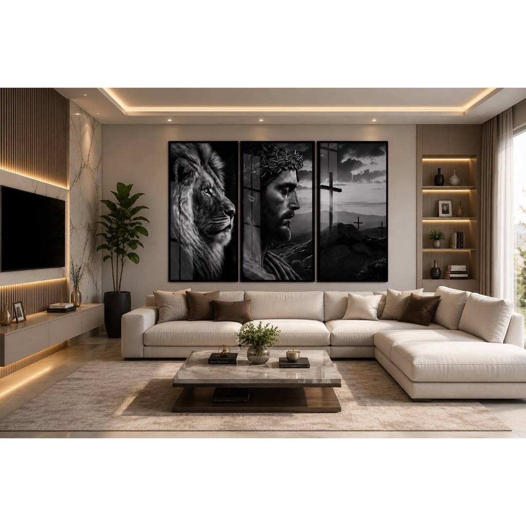 Kit Quadros Decorativos Leão de Judá e Jesus Cristo com Cruz 3 Peças em Preto e Branco | Arte Cristã Religiosa — imagem 2 de 2