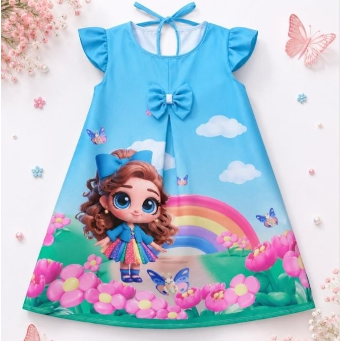 Vestido Infantil Menina Trapézio Casual Rosa Princesa Estampado com Laço | Vestido Casual Menina Festa Confortável.