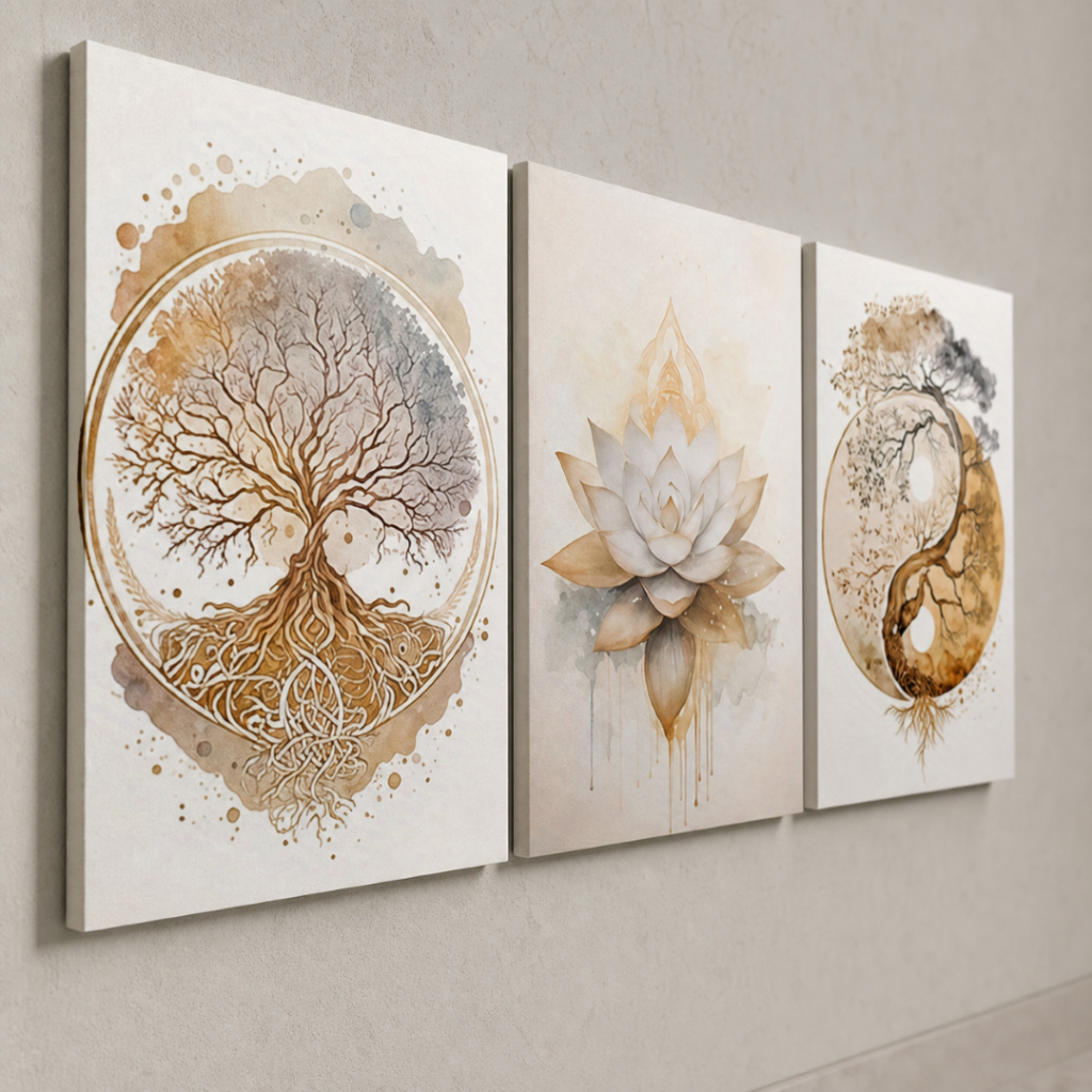 Imagem Kit de Quadros Decorativos Árvore da Vida Yin Yang Flor de Lótus Espiritual Zen Arte Parede 3 Peças