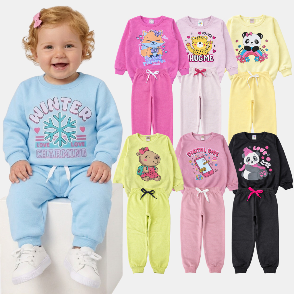 Kit 6 Peças de Bebê Menina Infantil Inverno – 3 Blusas Casacos + 3 Calças de P Ao 8 Conjunto Bebê Feminino Infantil