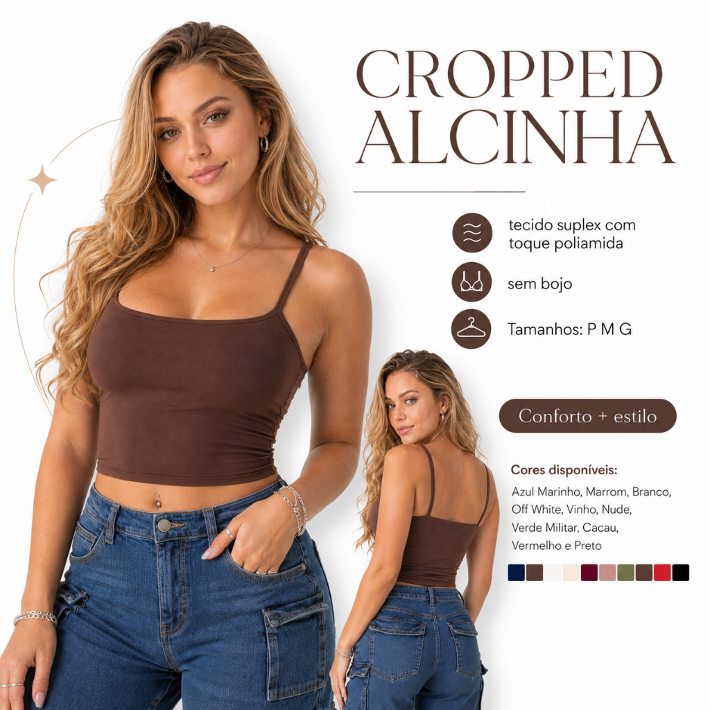 Blusa cropped feminino com alcinhas em tecido suplex macio confortável