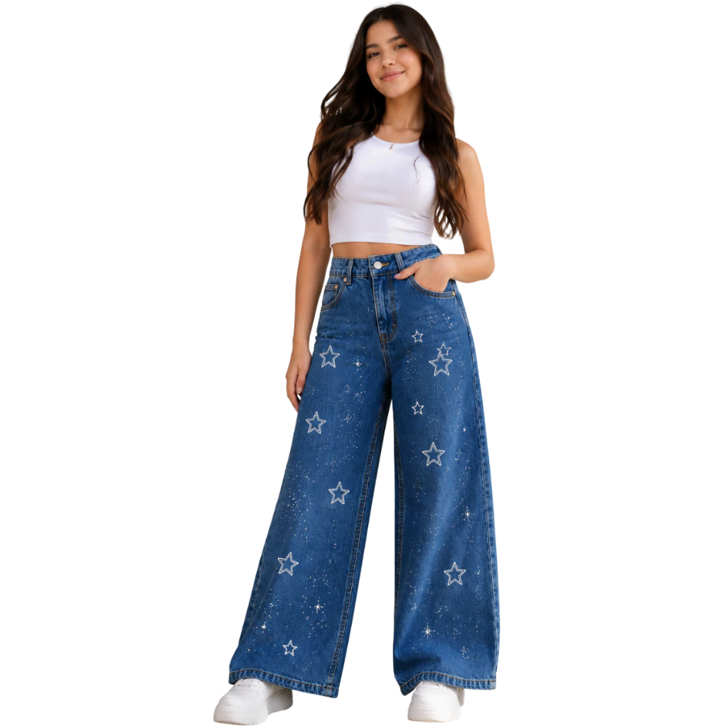 Calça jeans folgada wide leg pantalona infantil juvenil menina — imagem 1