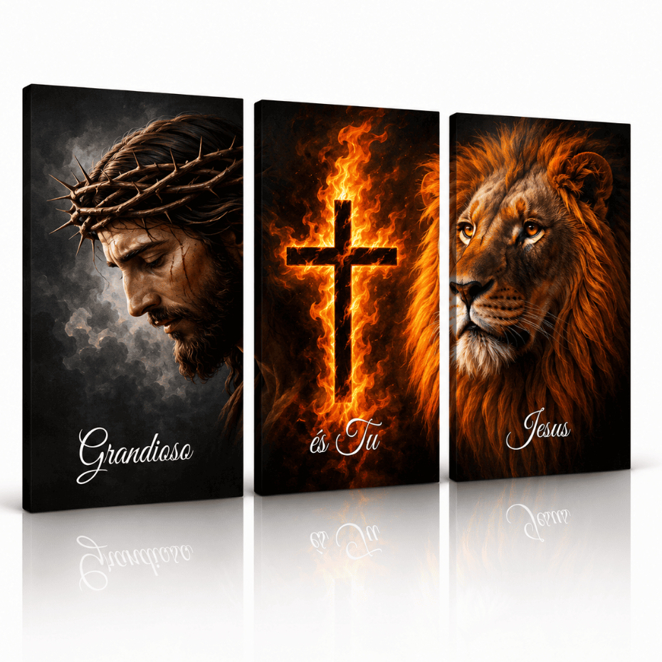 Quadro Cristão Leão de Judá Cruz Flamejante Arte Religiosa Decorativa Moderna Sala Quarto Escritório