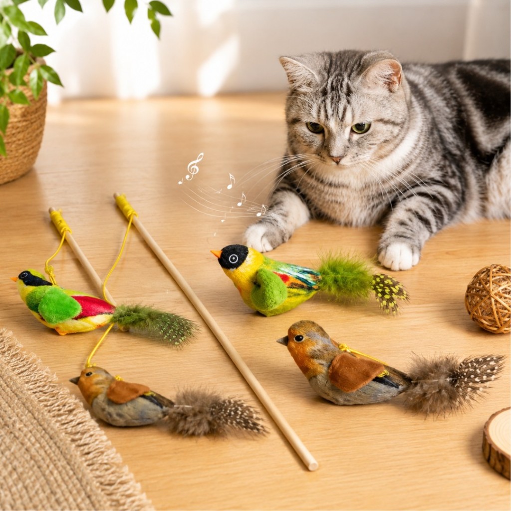 Brinquedo Varinha De Pesca Com Som de Passarinho e Penas Para Gato LR-0377
