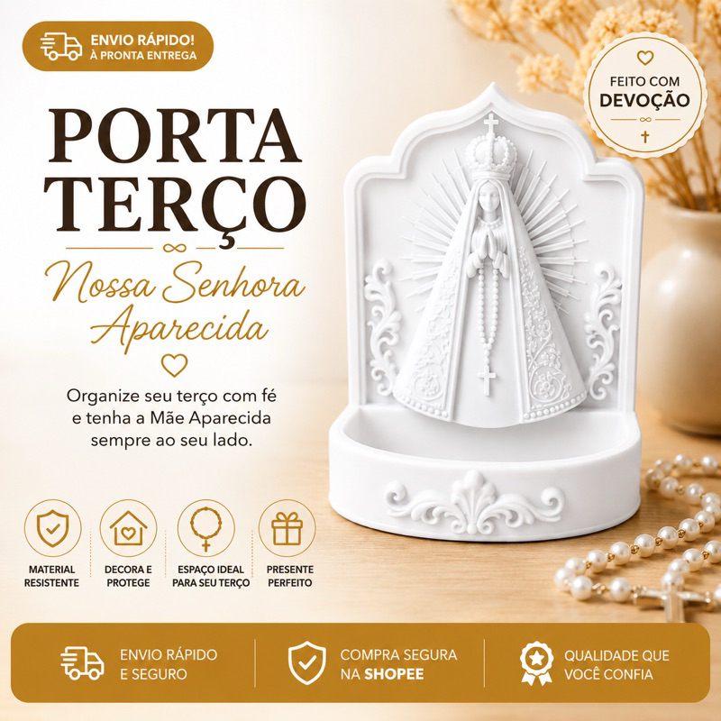 Porta Terço Nossa Senhora Aparecida Branco | Organizador de Terço Decorativo em Impressão 3D | Presente Católico