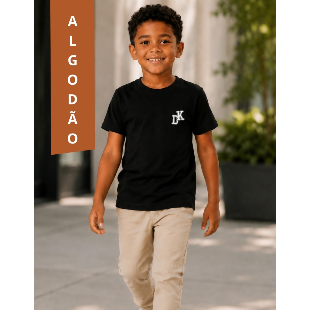 Camiseta Infantil Menino Algodão Manga Curta Básica Preta Estampada Camisa Masculina Verão