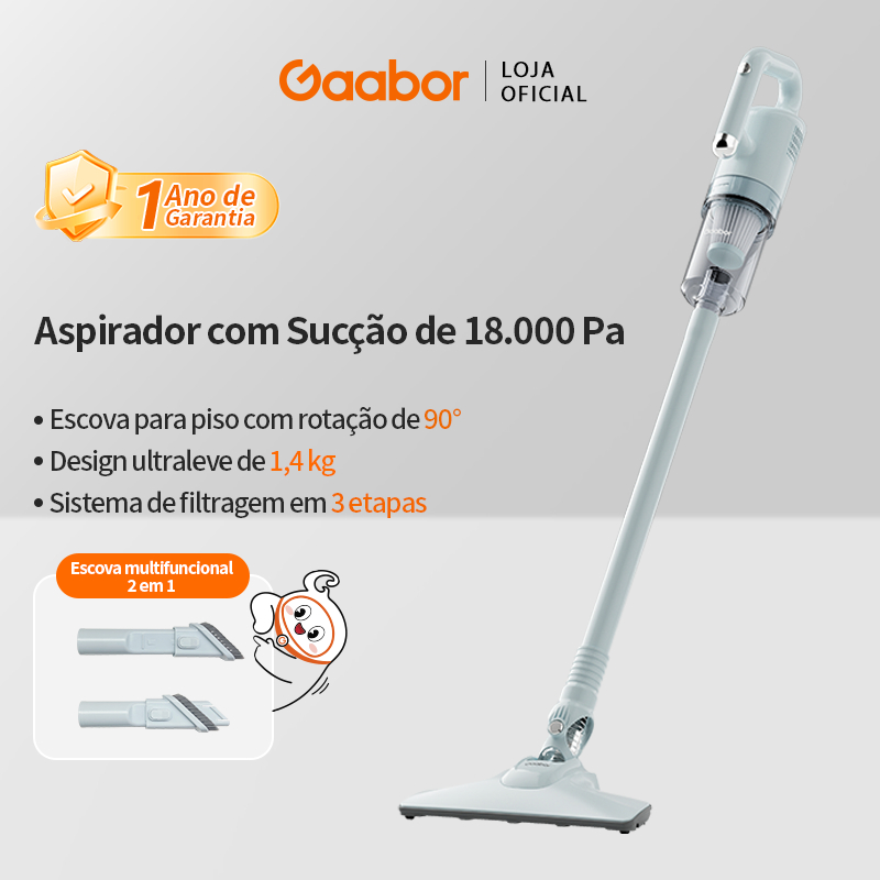 Gaabor Aspirador 2 em 1 de Pó Leve 1.4kg Silencioso 75dB Cabo 4.5m Sucção 18000P