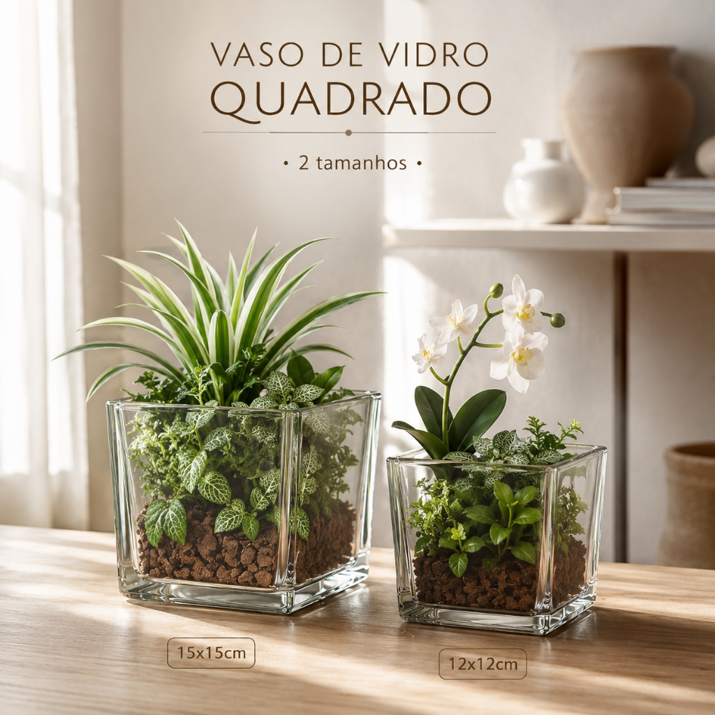 Vaso de Vidro Quadrado Decorativo Planta Arranjo Floral Casa Decoração Premium 12x12