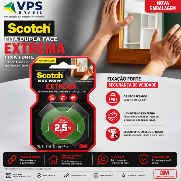 Fita Dupla Face 3M Scotch Fixa Forte Extrema 12mm x 2m Alta Fixação