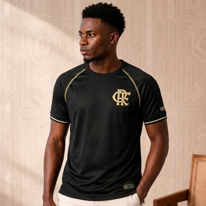 Camisa Flamengo Masculina 1895 Dry Jacquard Preta com Dourado Licenciada Casual Confortável Torcedor