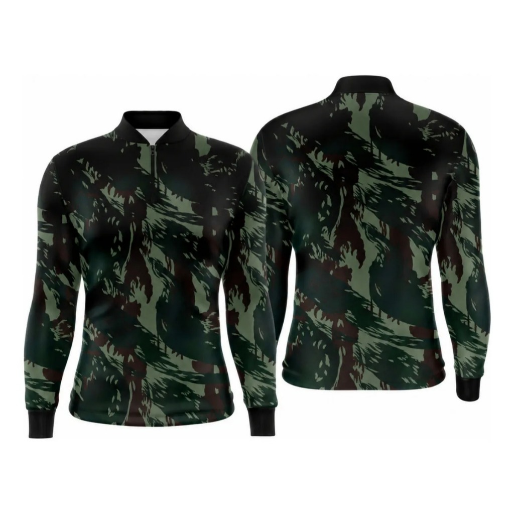 Camiseta Térmica Camuflada Dry Fit Gola Zíper Proteção Uv 50 Camisa Masculina Feminina Unissex FPS 50+ Manga Longa