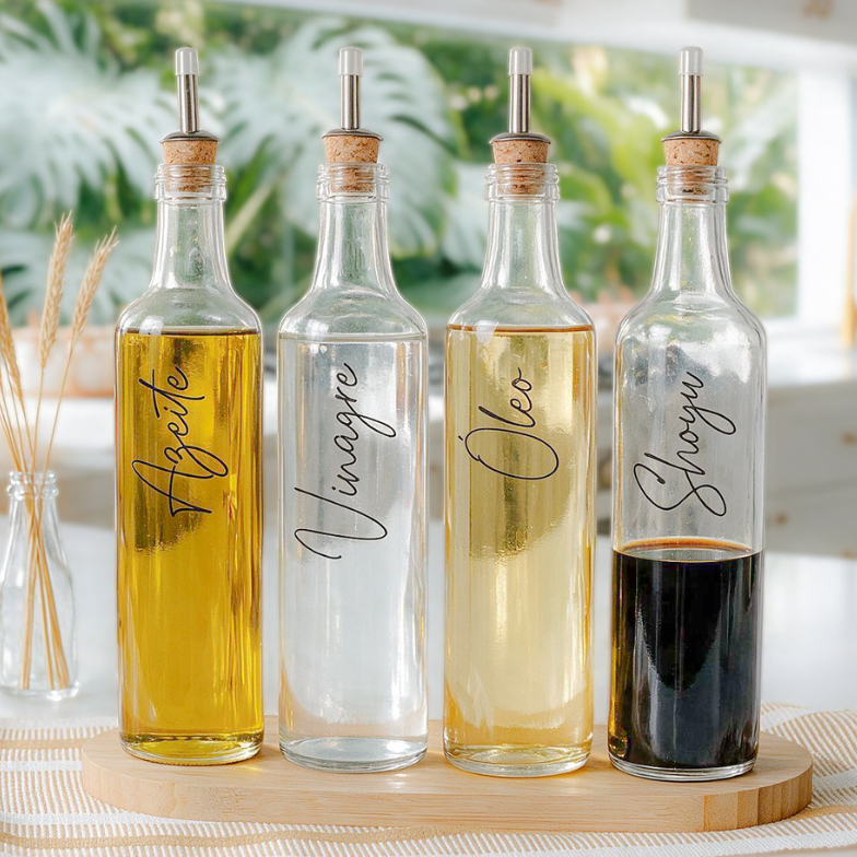 Galheteiros de Vidro 525ml com Bico Dosador Cortiça para Azeite, Vinagre, Óleo, Shoyu e Pimenta / Variações e Kit
