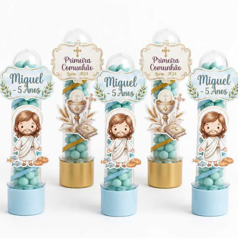 KIT LEMBRANCINHA PRIMEIRA COMUNHÃO / EUCARISTIA/ TEMA RELIGIOSO/ CAIXINHA E TUBETE PERSONALIZADO