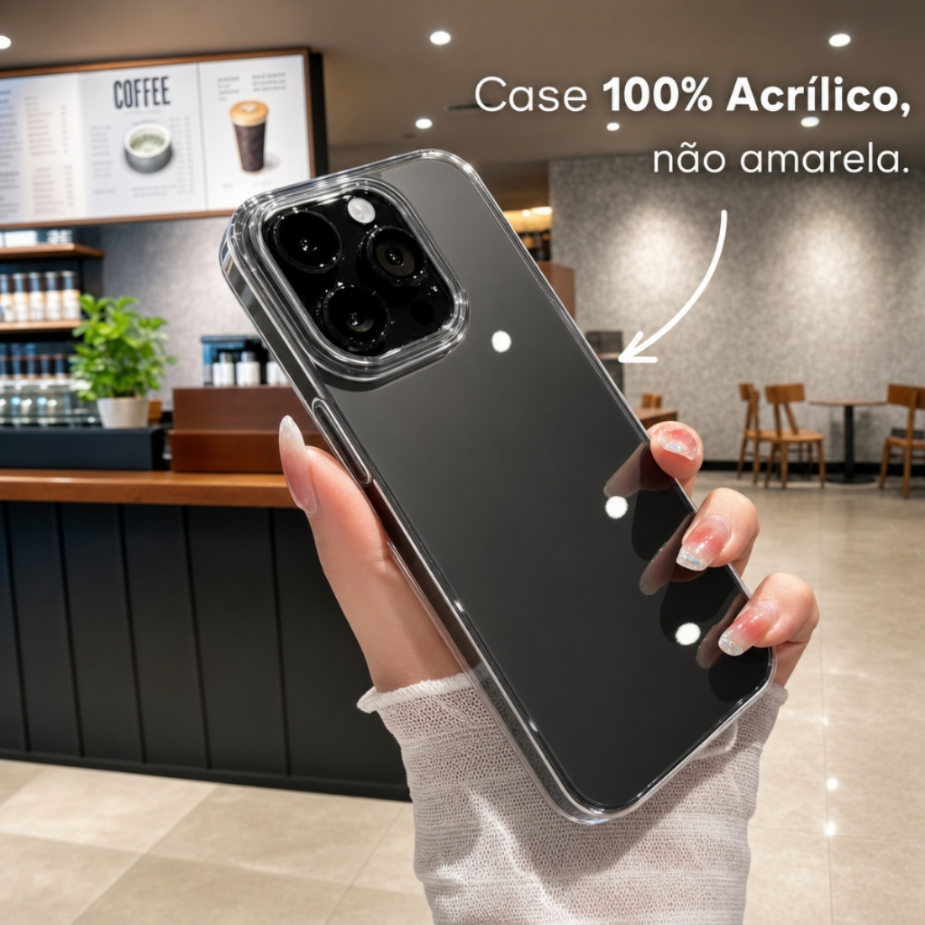 Capa Capinha 100% Acrílico Extra Fina Fumê/Transparente Não Amarela P/Iphone 11/12/13/14/15/16/17 Pro/Pro Max/Air/Plus