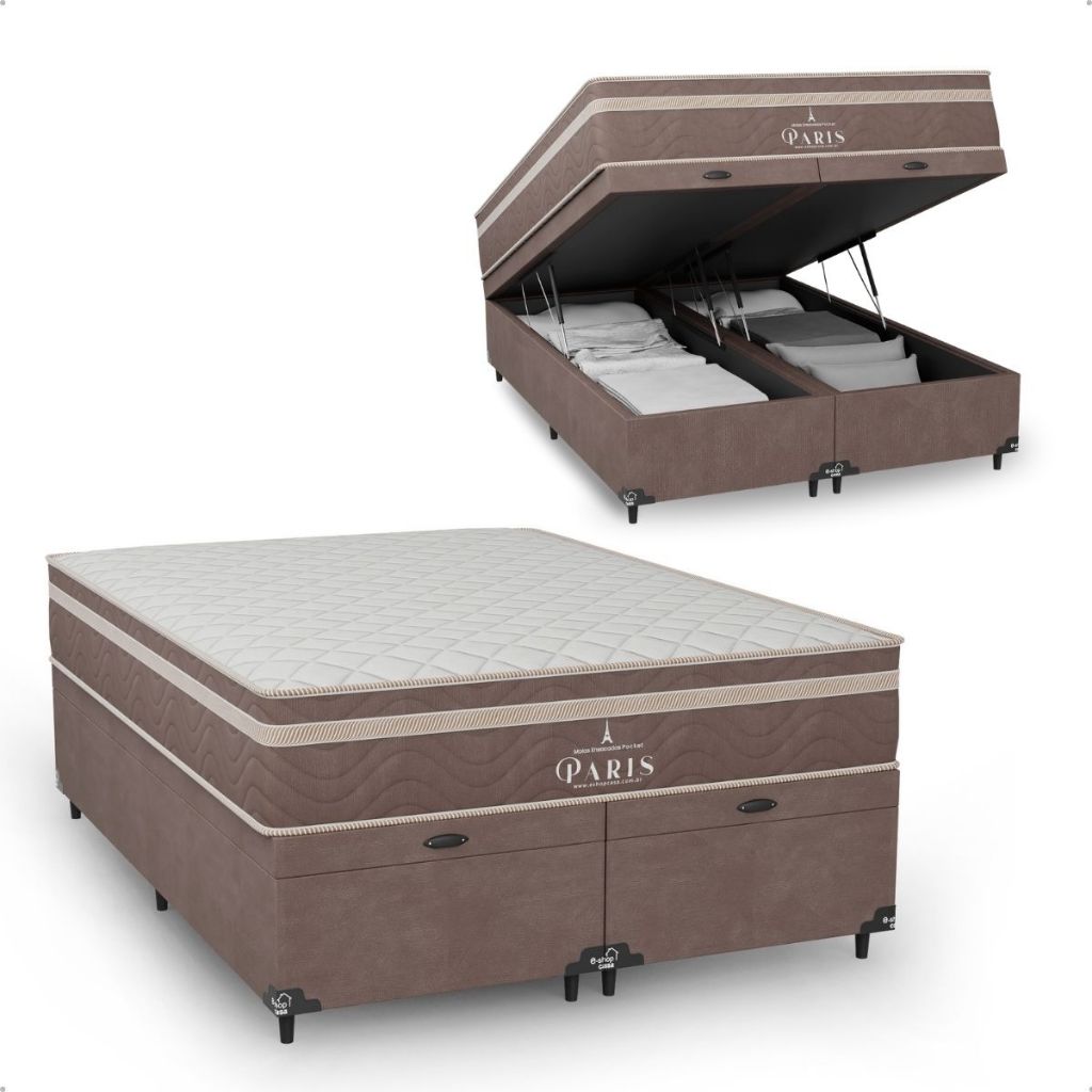 Cama Box Baú Casal Bipartido + Colchão Paris Molas Ensacadas - Suede Marrom - e-Shop Casa