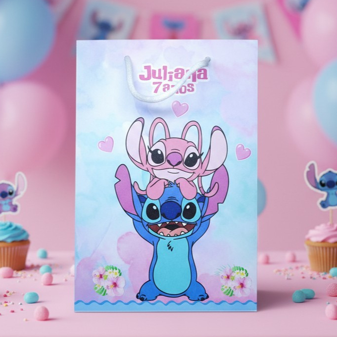 Sacolinha (M) Personalizada Lembrancinha Stitch e Angel Aquarela 1.