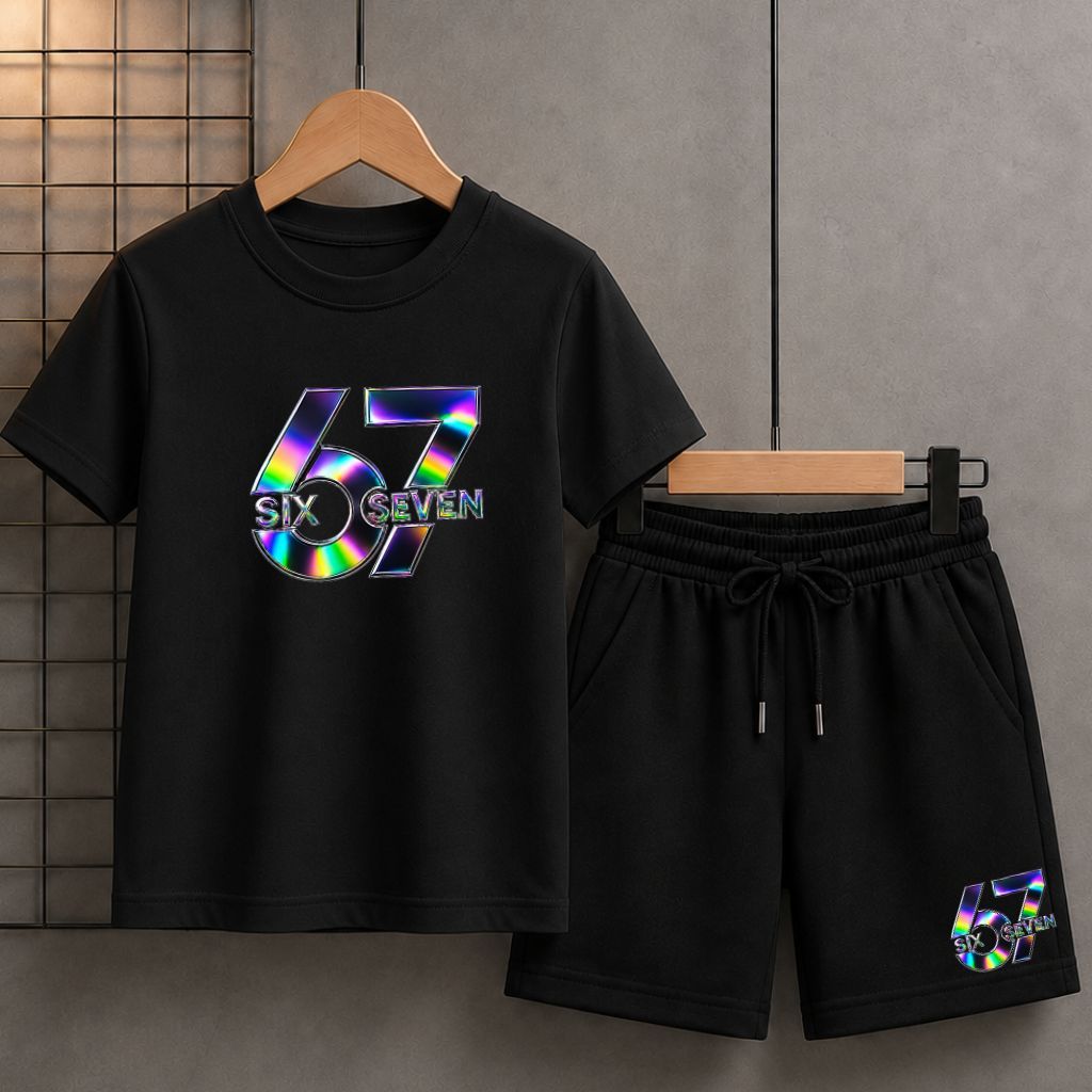 Conjunto Infantil Masculino Camiseta + Bermuda Moletinho Six Seven Estampa Colorida Premium