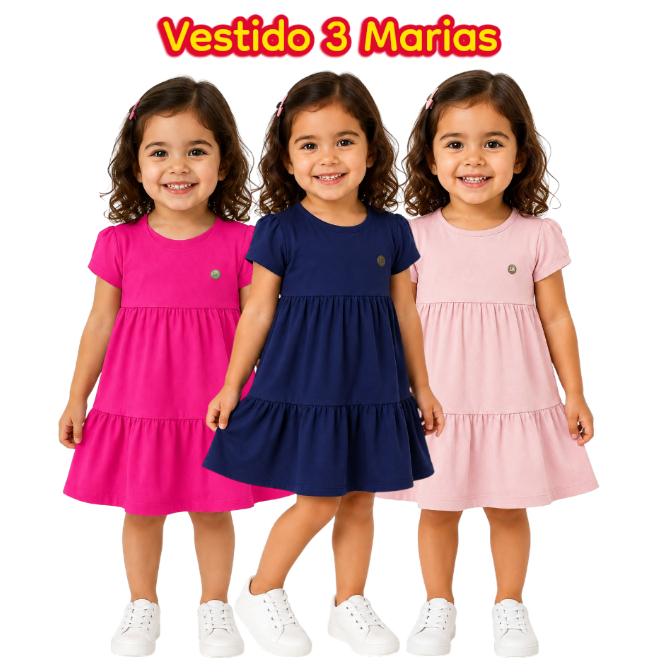 Vestido 3 Marias Roupas de Menina Infantil Cotton Vestido de Criança Confortável Verão 1 ao 10
