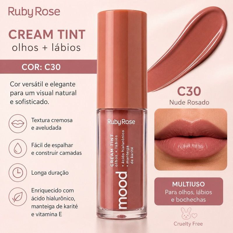 Blush liquido Cream Tint Mood Ruby Rose Multifuncional Olhos Boca e Bochechas Cor Natural!