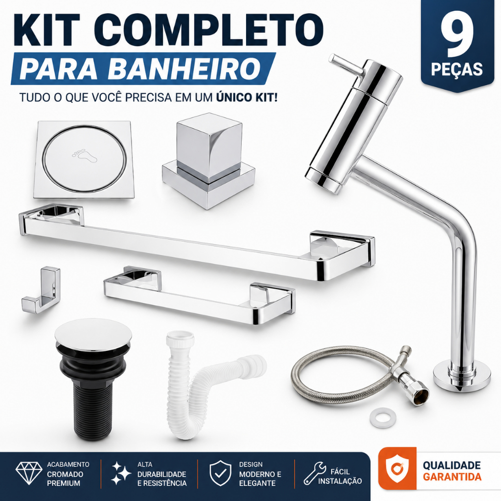 Kit Banheiro Cromado Completo Luxo Torneira Alta Válvula Click…