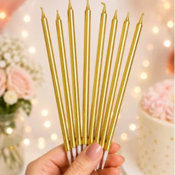 Velas Palito Metalizadas Douradas para Bolo – Kit com 10 Unidades/ Vela de bolo dourada/ Vela palito