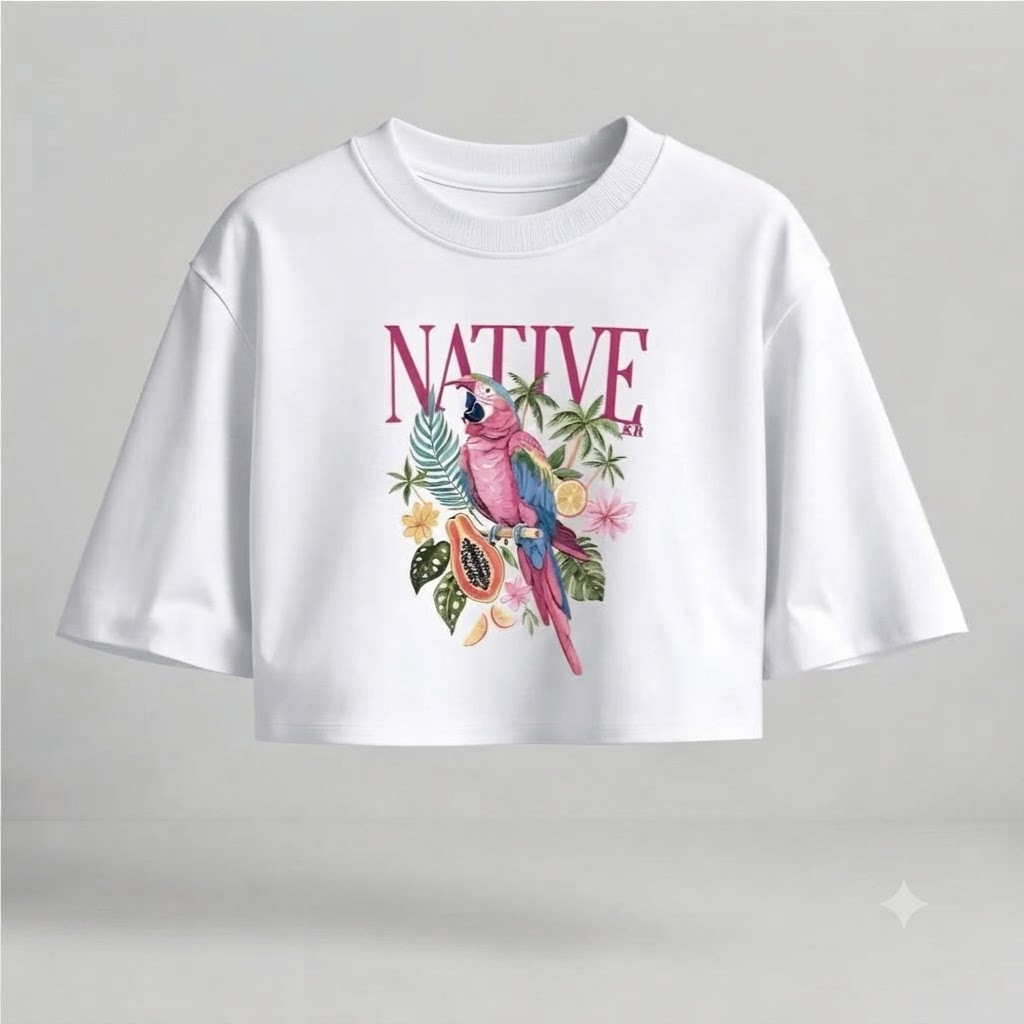 Cropped Oversized Feminino Native Arara Tropical – Camiseta Streetwear 100% Algodão Estampa Natureza