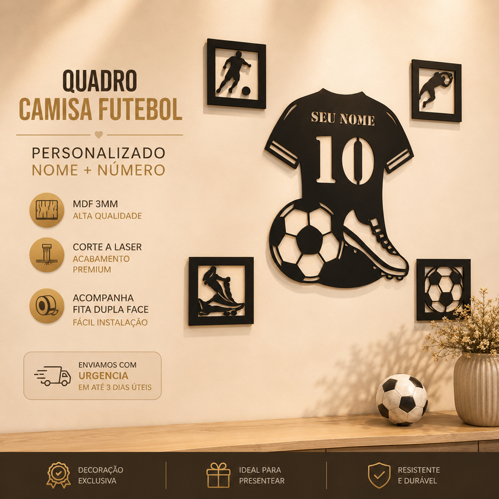 Quadro Camisa Futebol Personalizado com Nome e Número em MDF 3mm | Decoração Quarto Infantil | Paine de Festas