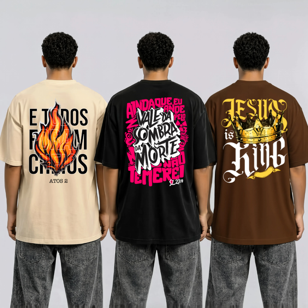 Kit 3 Camiseta Camisa Blusa Oversized Masculina Feminina Streetwear Casual Estampada Religiosa Cristã Gospel