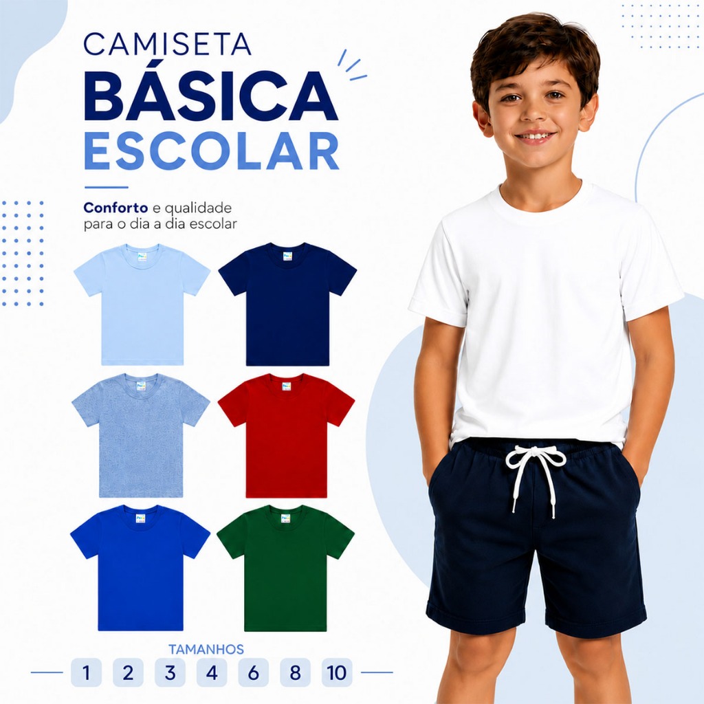 Kit 3 peças Camiseta Infantil Menino Básica Lisa Manga Curta Roupa Masculino Criança 100% Algodão Casual Verão Escolar