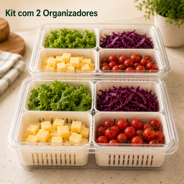 Organizadores de geladeira* 02 peças 4 divisórias cada transparente lavável BPA Free separa alimentos frutas legumes