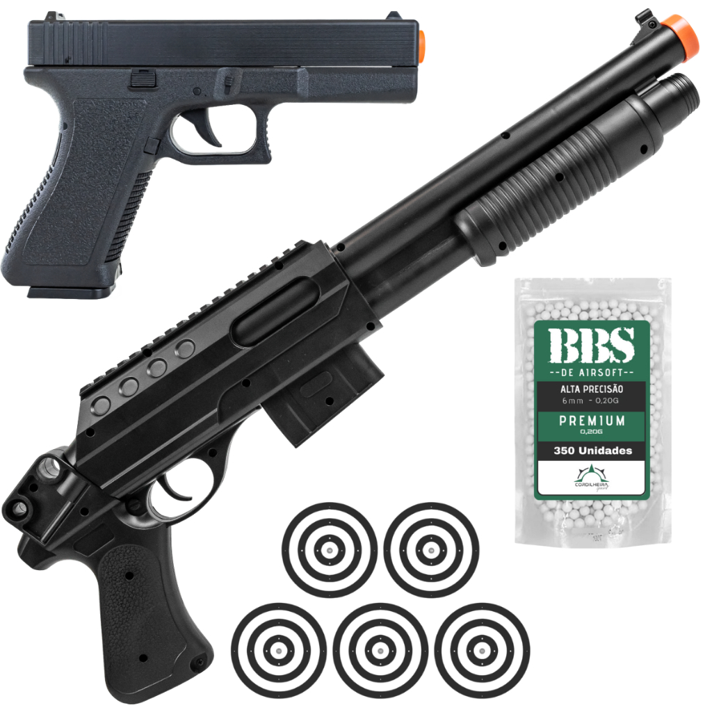 Rifle de Airsoft Shotgun Vg Pump Tatical Short Mola 6mm + Escolha seu KIT: