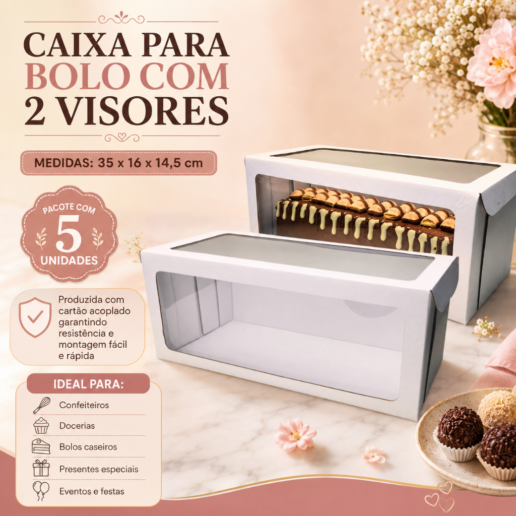 Kit 5 Caixas para Bolo Long Cake Retangular 2 Visores 35x16x14,5cm Branca NC Toys