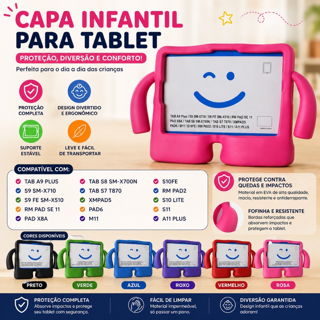 Capa Infantil para Tablet Xiaomi para Redmi Pad SE 11"/ A9 Plus S9 S8 S7 11 Pole