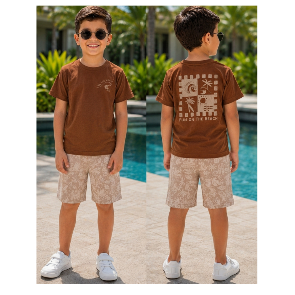 Conjunto Infantil Menino Camiseta Marrom com Estampa e Bermuda Estampada Verão Casual Confortável