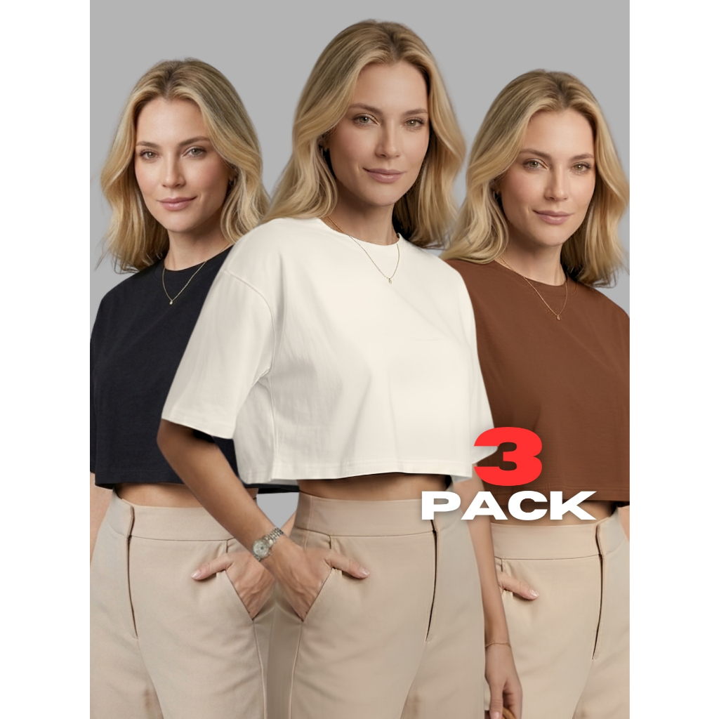 Kit 3 Blusinhas Cropped Femininas Oversized 100% Algodão T-Shirt Básica Soltinha Manga Curta Confortável Casual