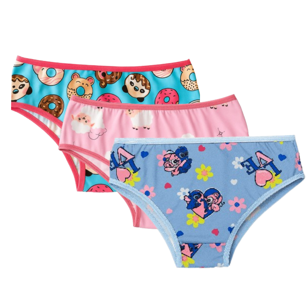 Kit 3 Calcinhas Infantil Menina Tanga Microfibra Estampadas Forro 100% Algodão Confortáveis