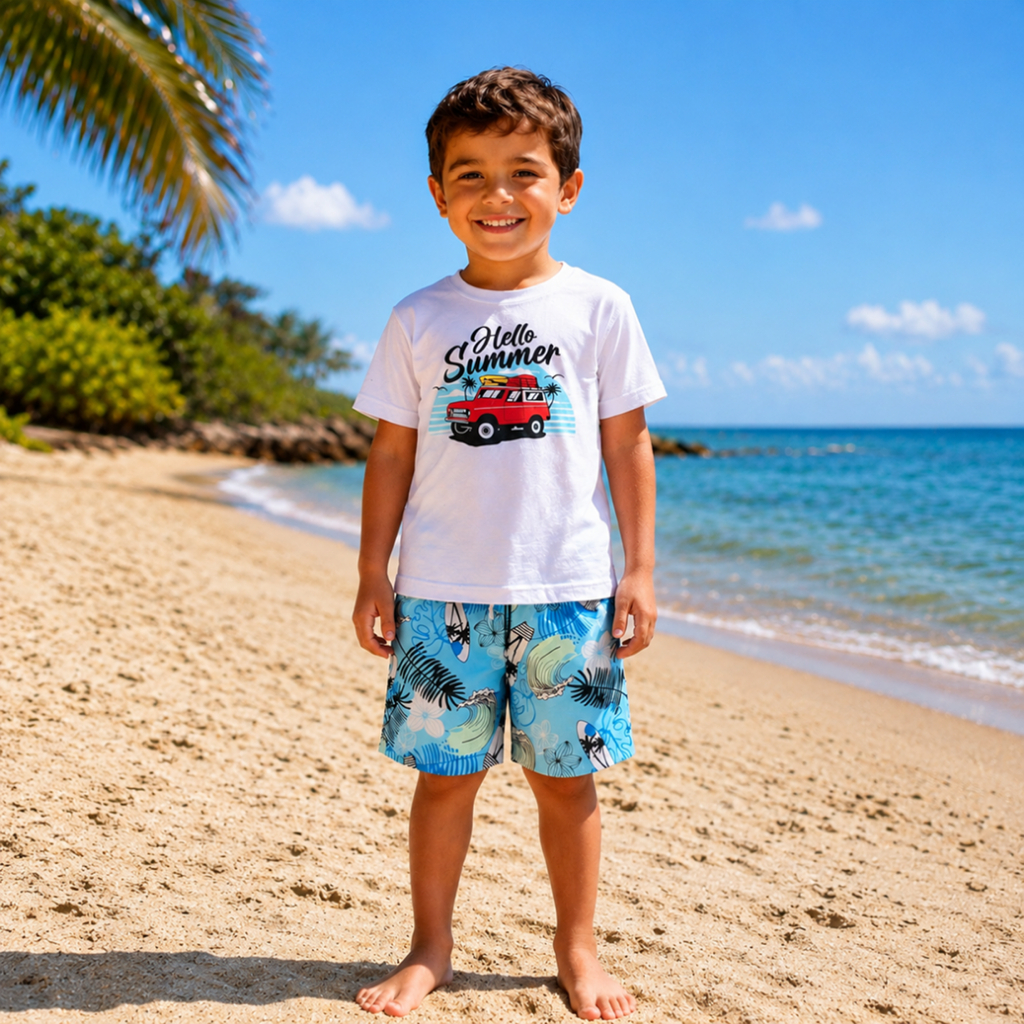 Conjunto Infantil Menino | Camiseta em Malha Algodão Com Estampa Frontal e Bermuda em Tactel Estampada