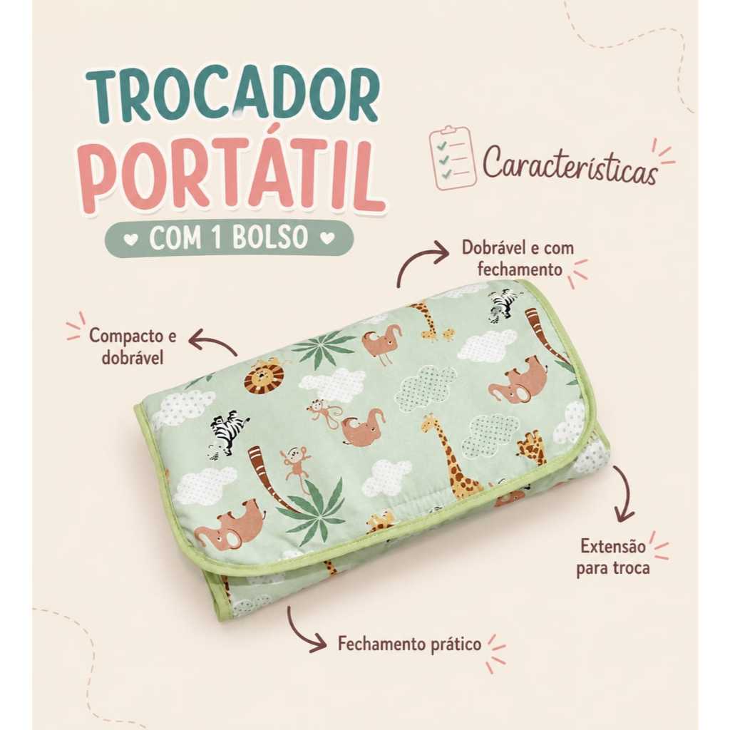 Trocador Portátil de Fraldas Bebê Impermeável com Bolso Tecido 100% Algodão — imagem 2 de 2