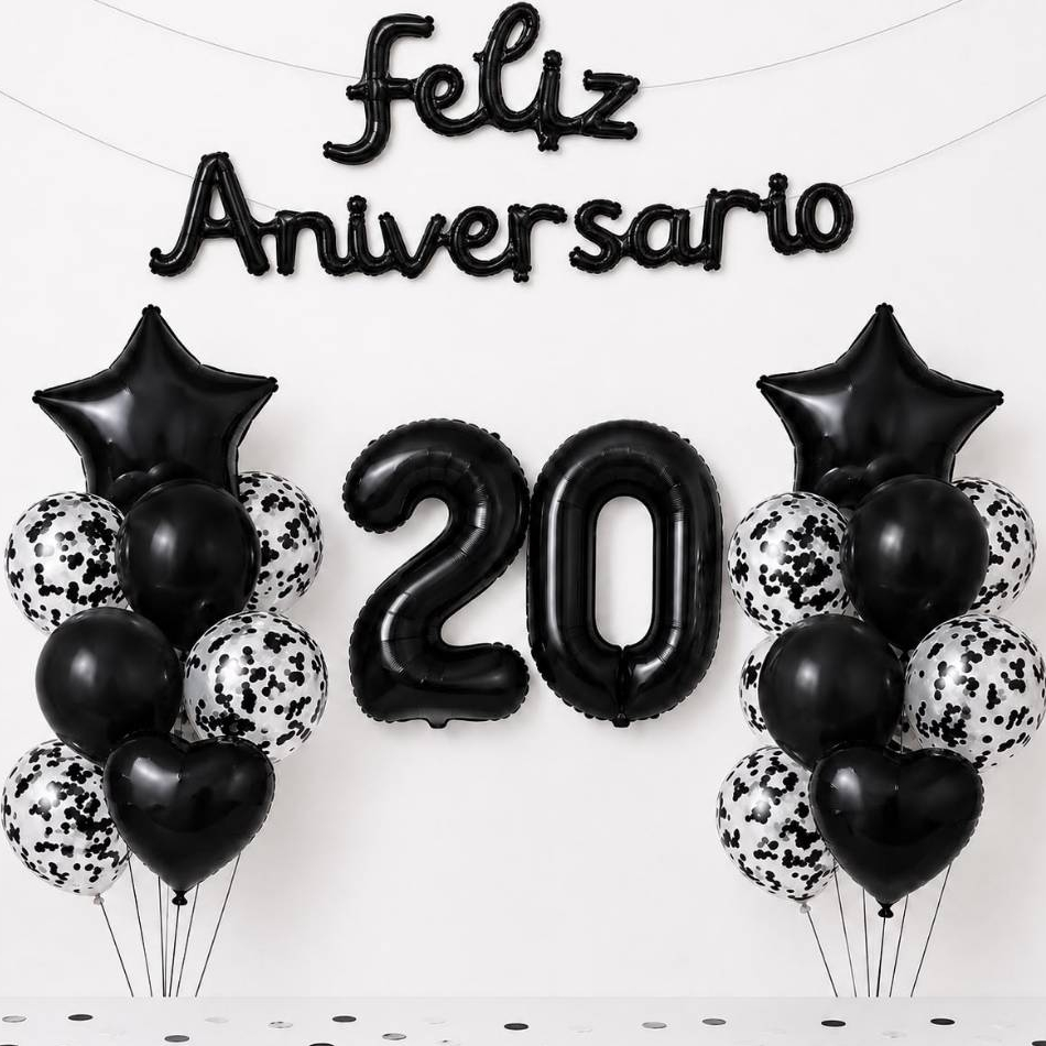 Balão de Número Kit Decoração Festa Aniversário + Faixa Feliz Aniversário + 20 Bexigas Preto Branco