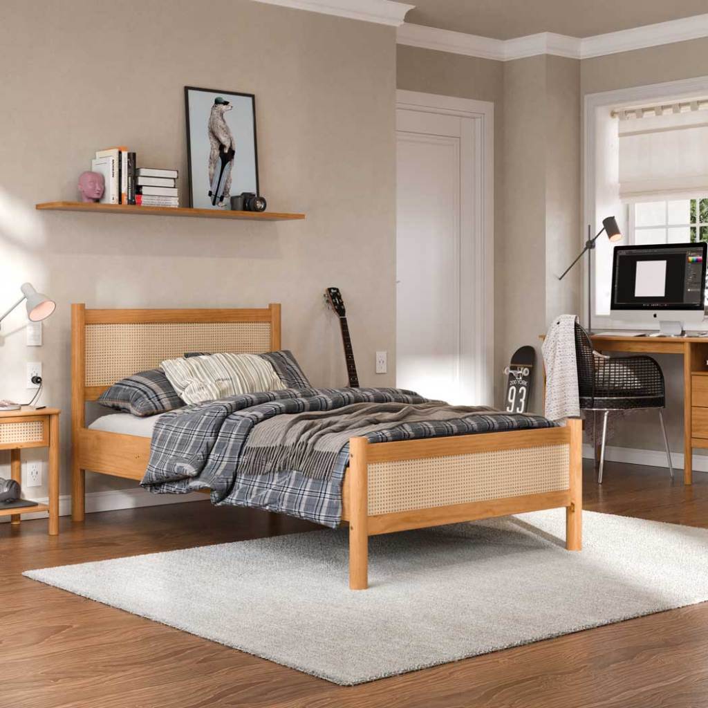 Cama Solteiro Adulto Rattan Madeira 90x190 cm Com Estrado Freijó Cefira