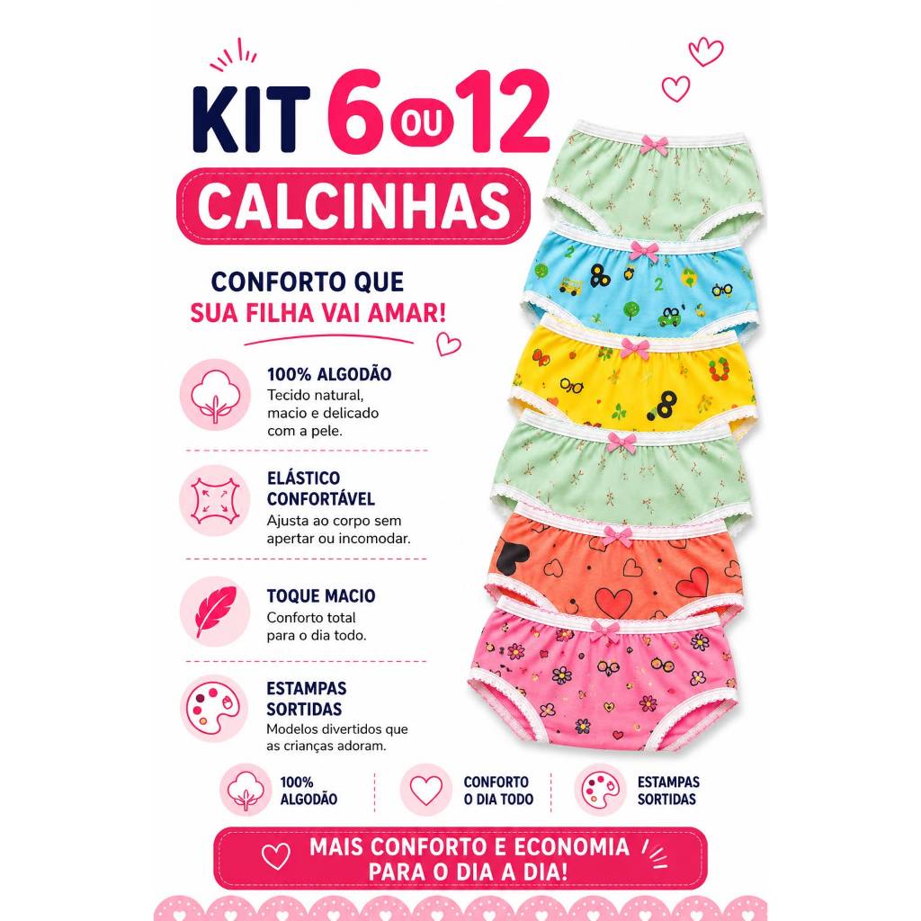 Kit 6 ou 12 Calcinhas Meninas Infantil Estampas Coloridas 100% Algodão Macia e Com Elástico